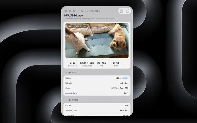 Get Media Info showing codec and colour details for a QuickTime file