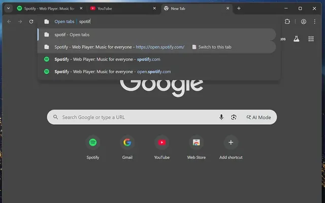 Open Tabs suggesting an already-open tab from the Chrome address bar